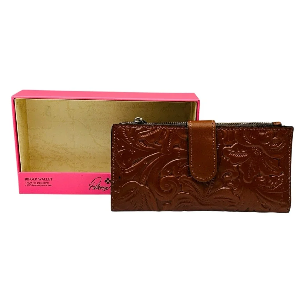 Patricia Nash Nazari Tooled Leather Bifold Wallet Florence Tan Brown Print RFID